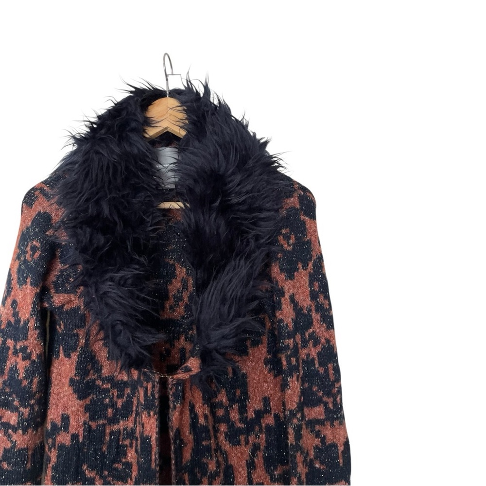 Anthropologie Black and Brown Fuzzy-Trim Long Cardigan Coat - Picture 5 of 9
